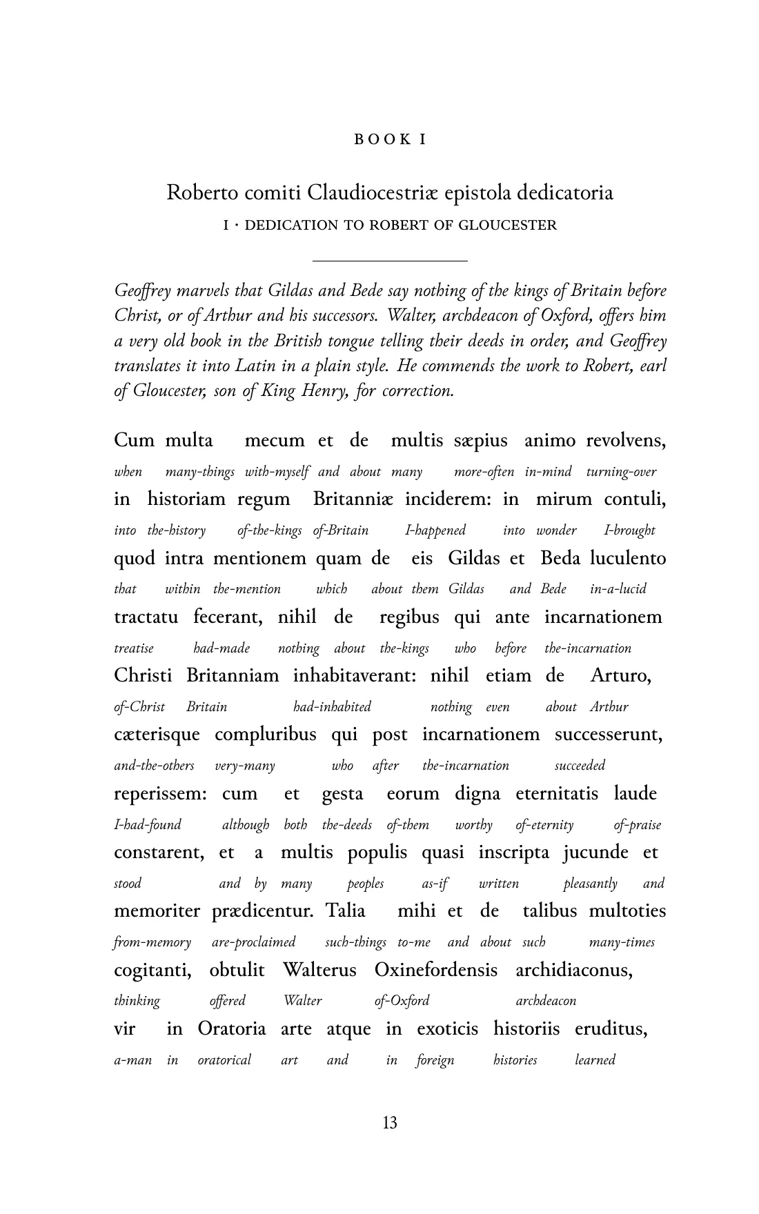 Page 13 of the book: the Medieval Latin text with an English word under each word.