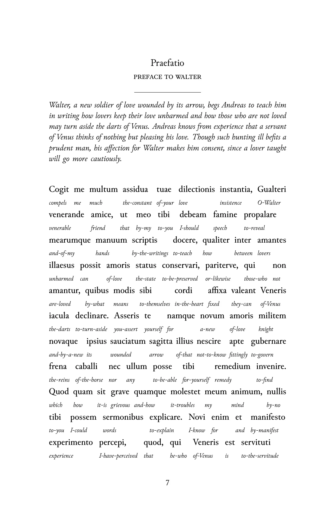 Page 7 of the book: the Medieval Latin text with an English word under each word.