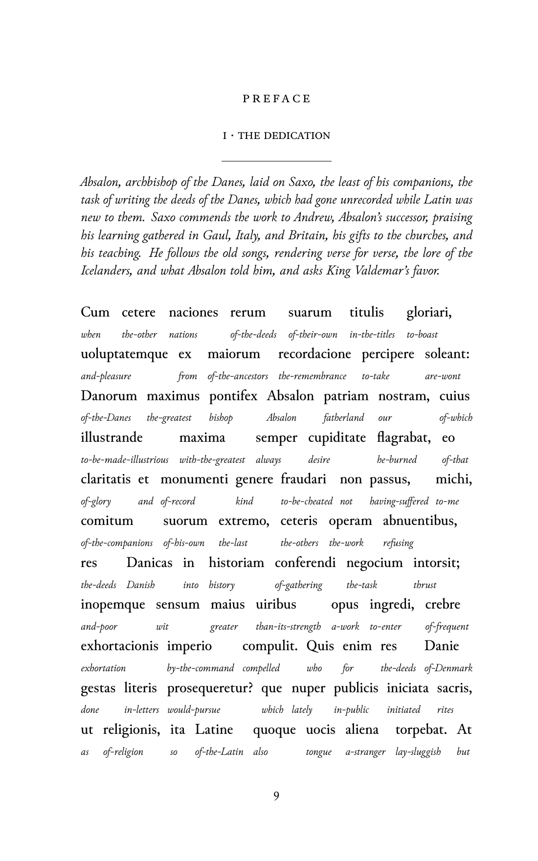 Page 9 of the book: the Medieval Latin text with an English word under each word.