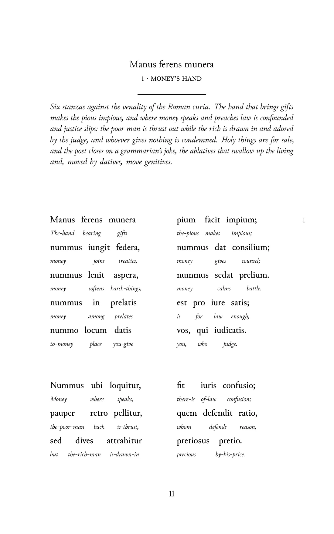 Page 11 of the book: the Medieval Latin text with an English word under each word.