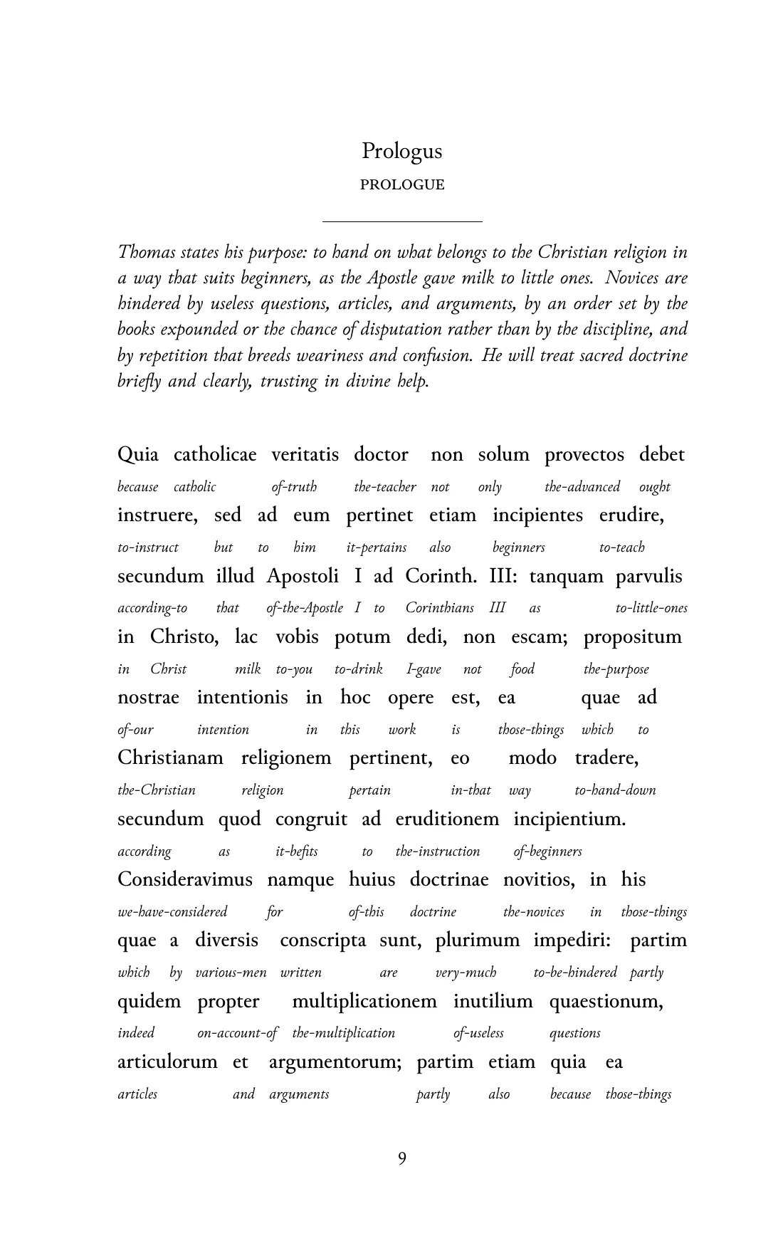 Page 9 of the book: the Medieval Latin text with an English word under each word.