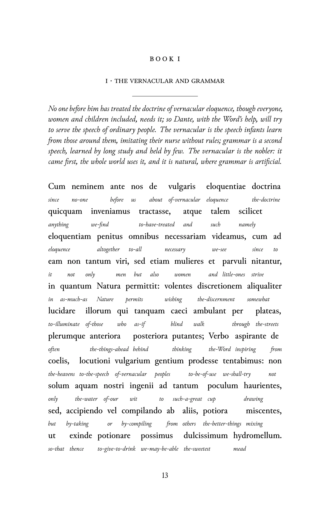 Page 13 of the book: the Medieval Latin text with an English word under each word.