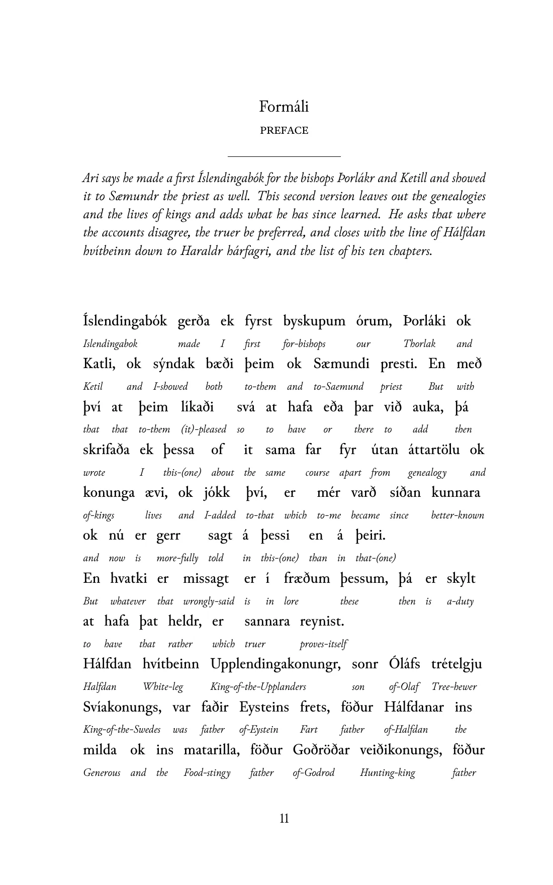 Page 11 of the book: the Old Norse text with an English word under each word.