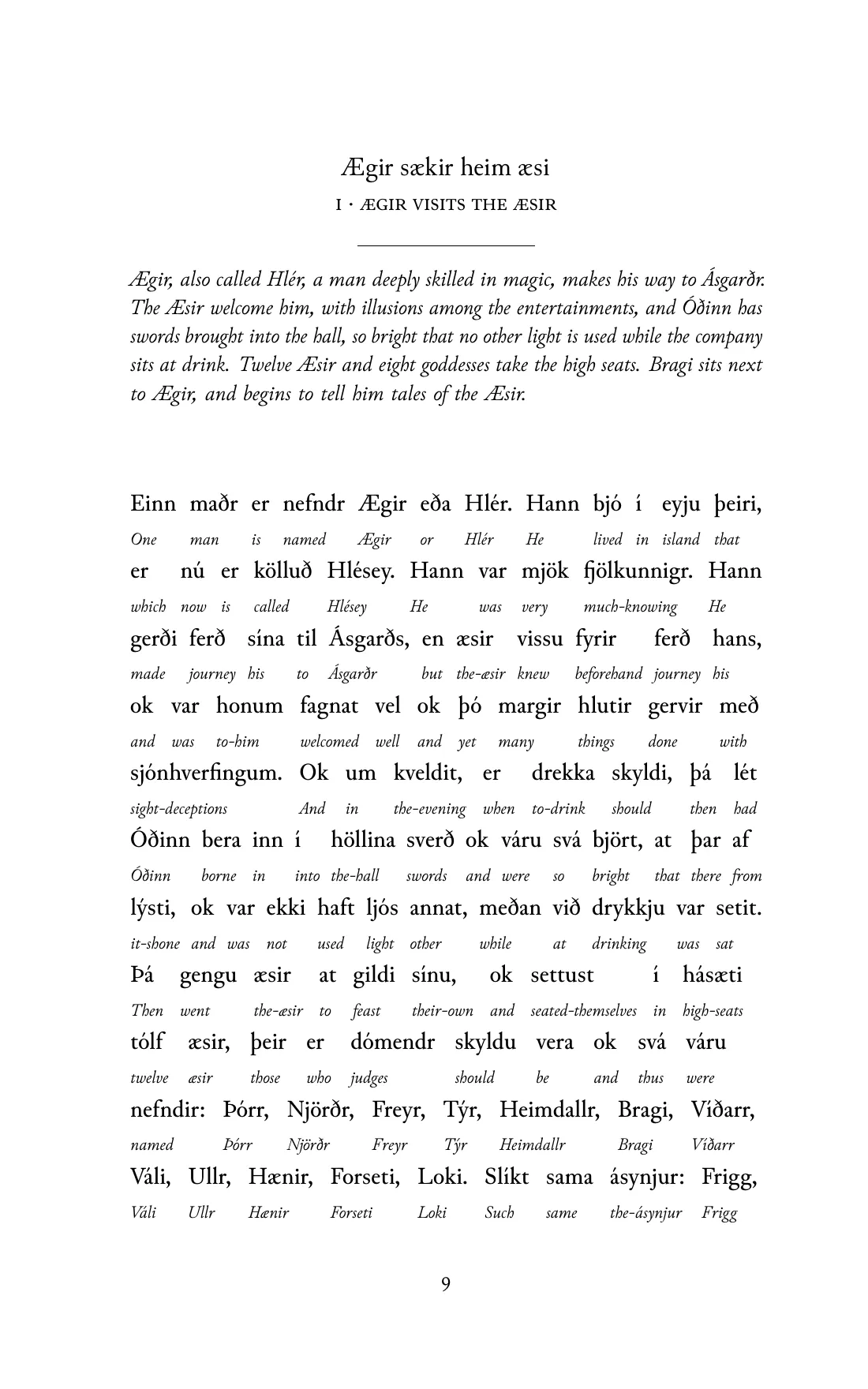 Page 9 of the book: the Old Norse text with an English word under each word.