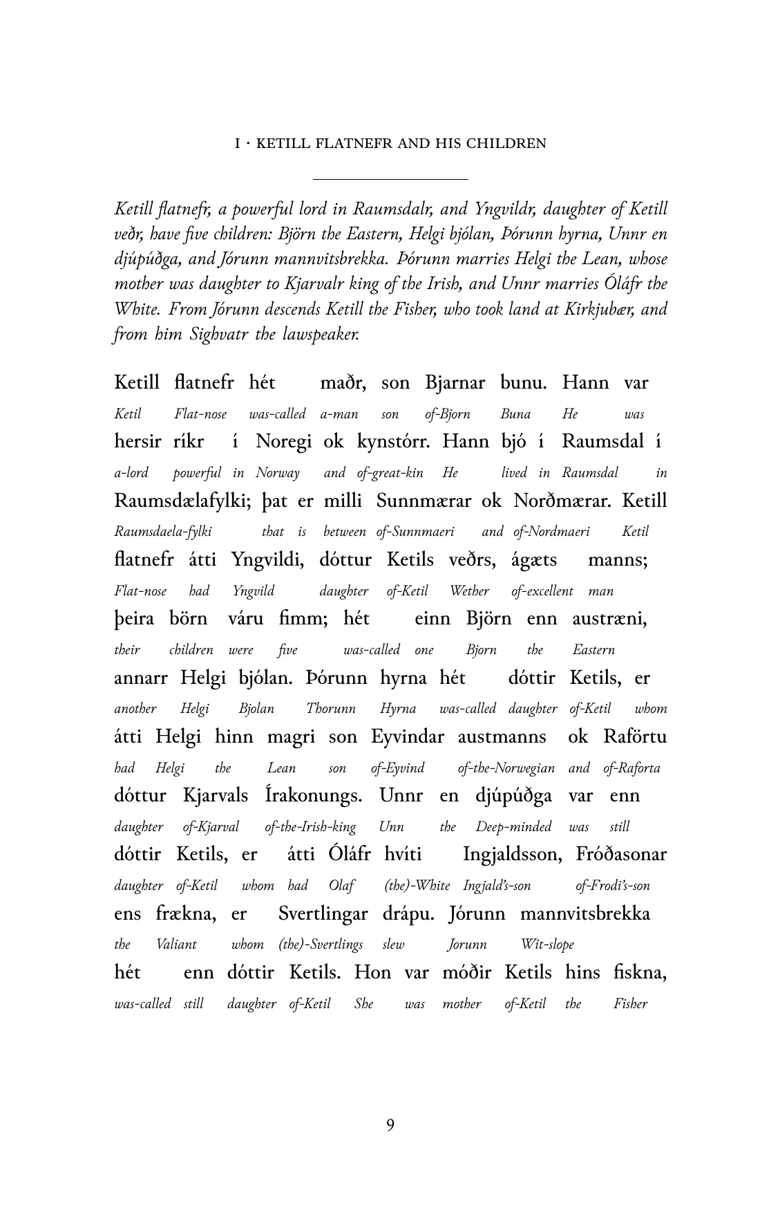 Page 9 of the book: the Old Norse text with an English word under each word.