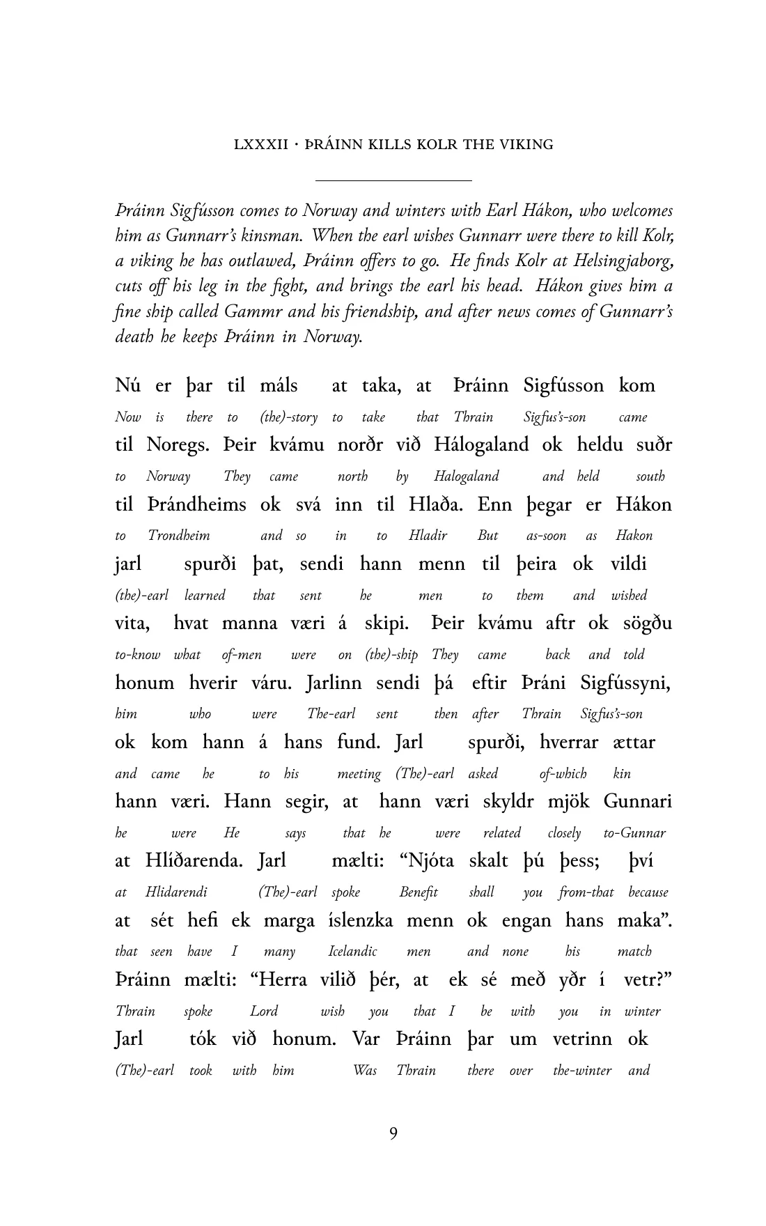Page 9 of the book: the Old Norse text with an English word under each word.