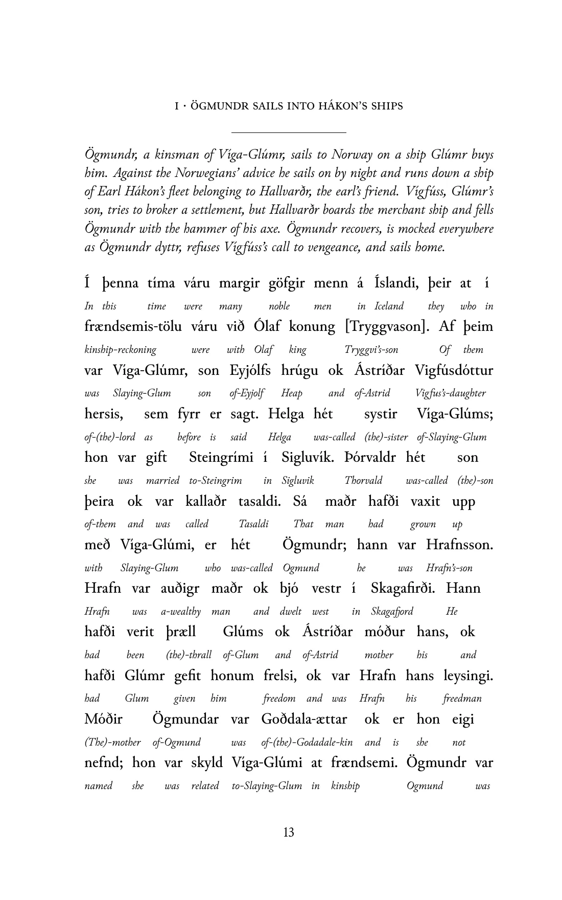 Page 13 of the book: the Old Norse text with an English word under each word.