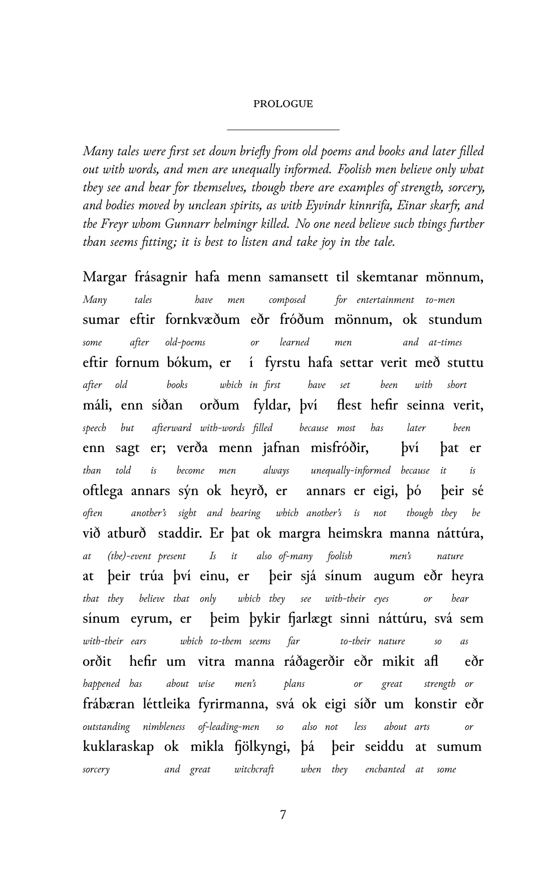 Page 7 of the book: the Old Norse text with an English word under each word.