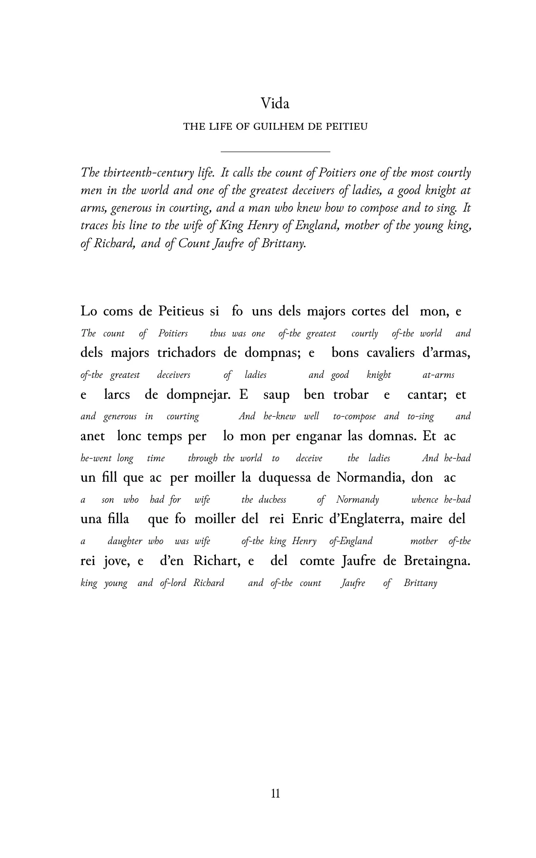 Page 11 of the book: the Old Occitan text with an English word under each word.