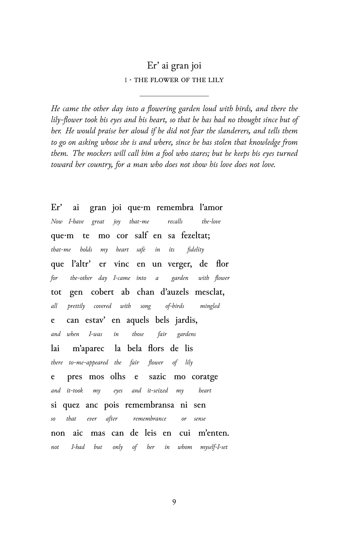 Page 9 of the book: the Old Occitan text with an English word under each word.