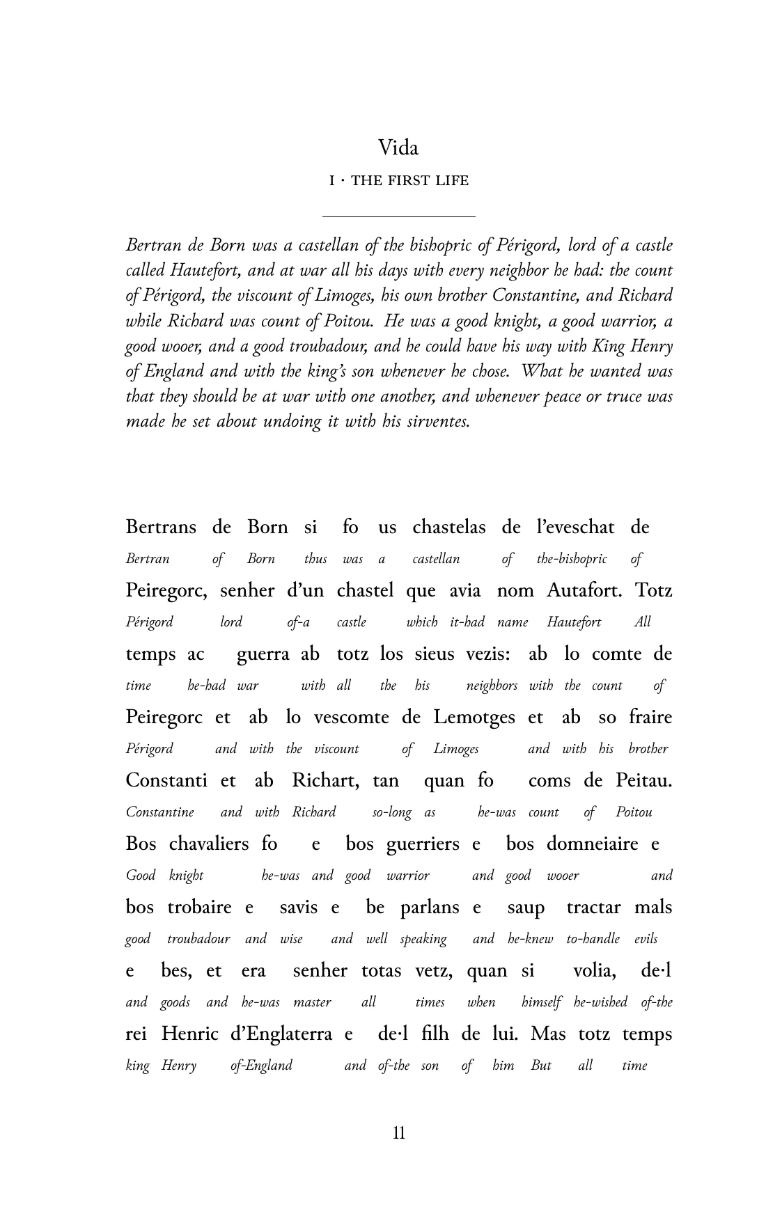 Page 11 of the book: the Old Occitan text with an English word under each word.