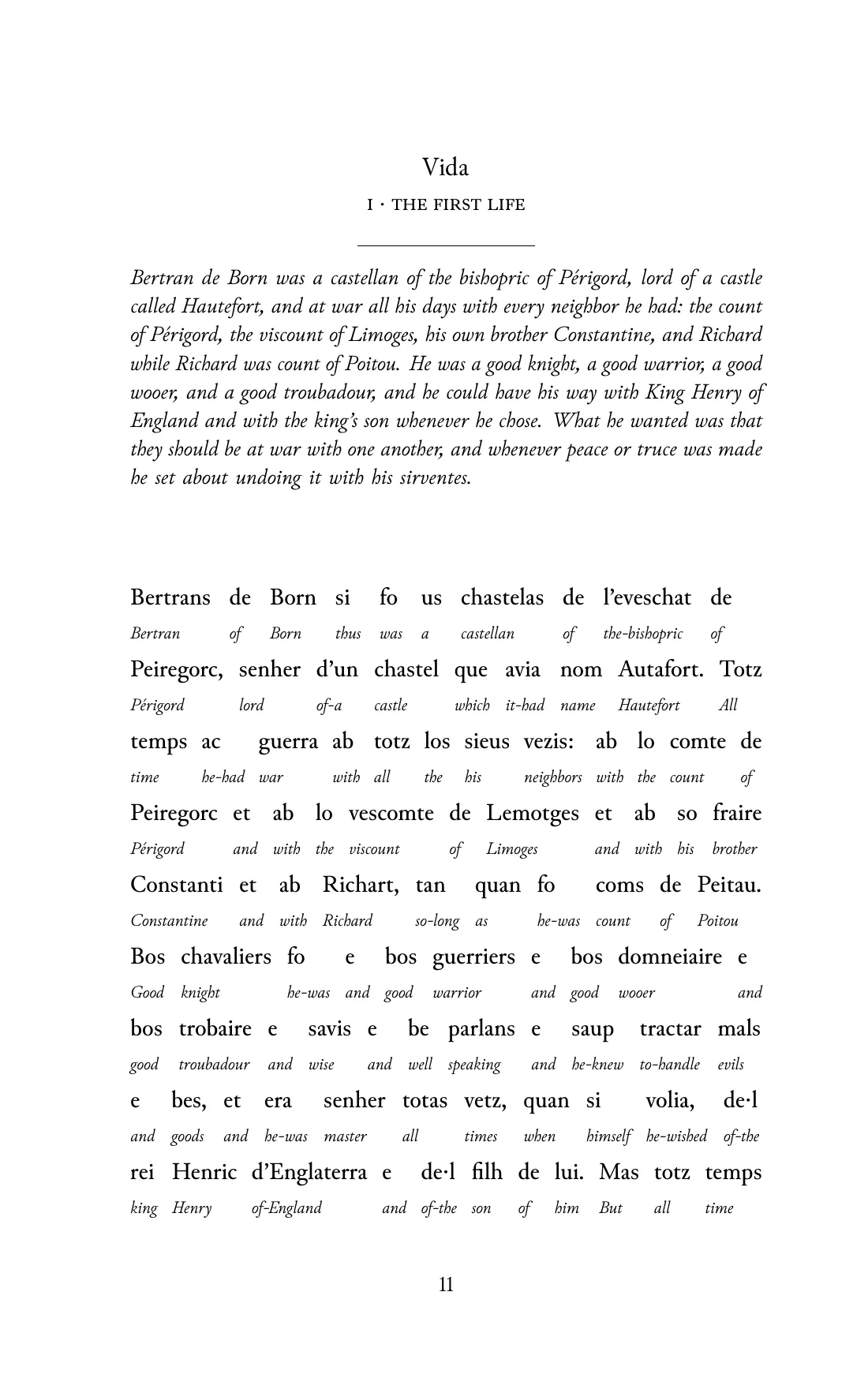 Page 11 of the book: the Old Occitan text with an English word under each word.