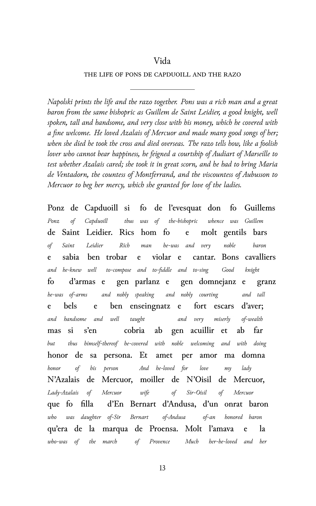 Page 13 of the book: the Old Occitan text with an English word under each word.