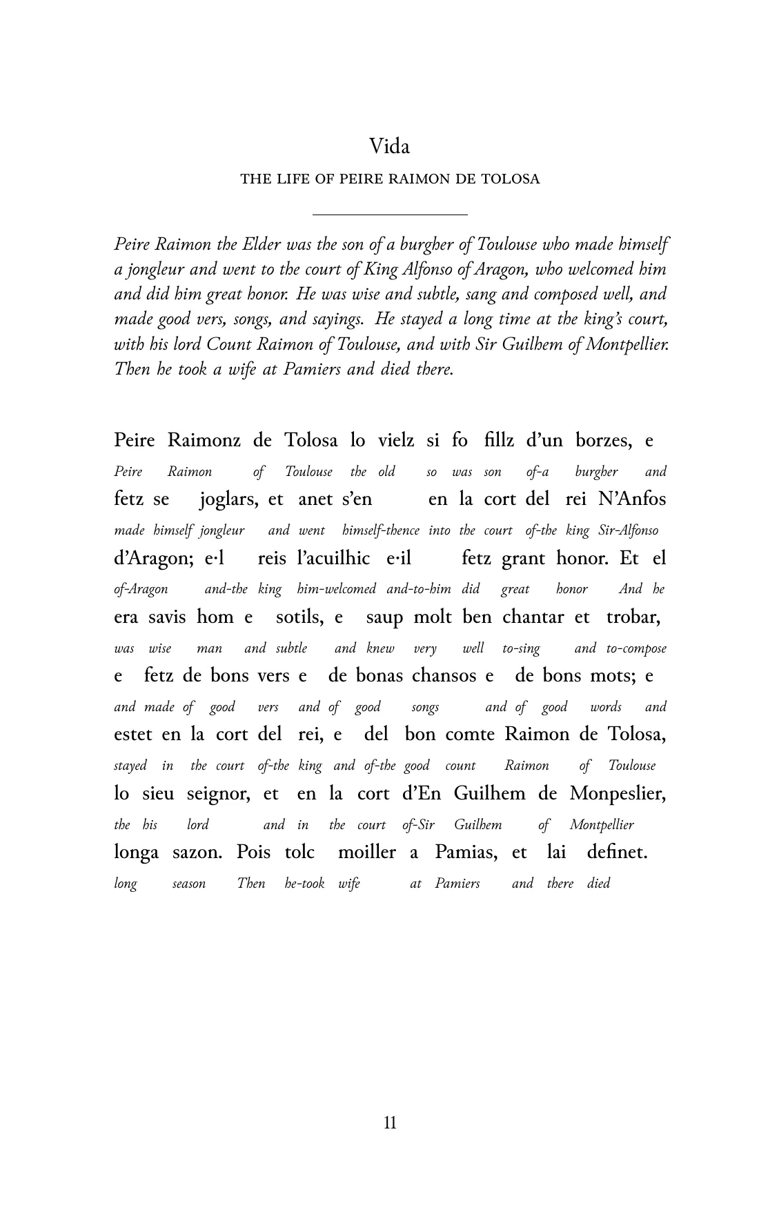 Page 11 of the book: the Old Occitan text with an English word under each word.