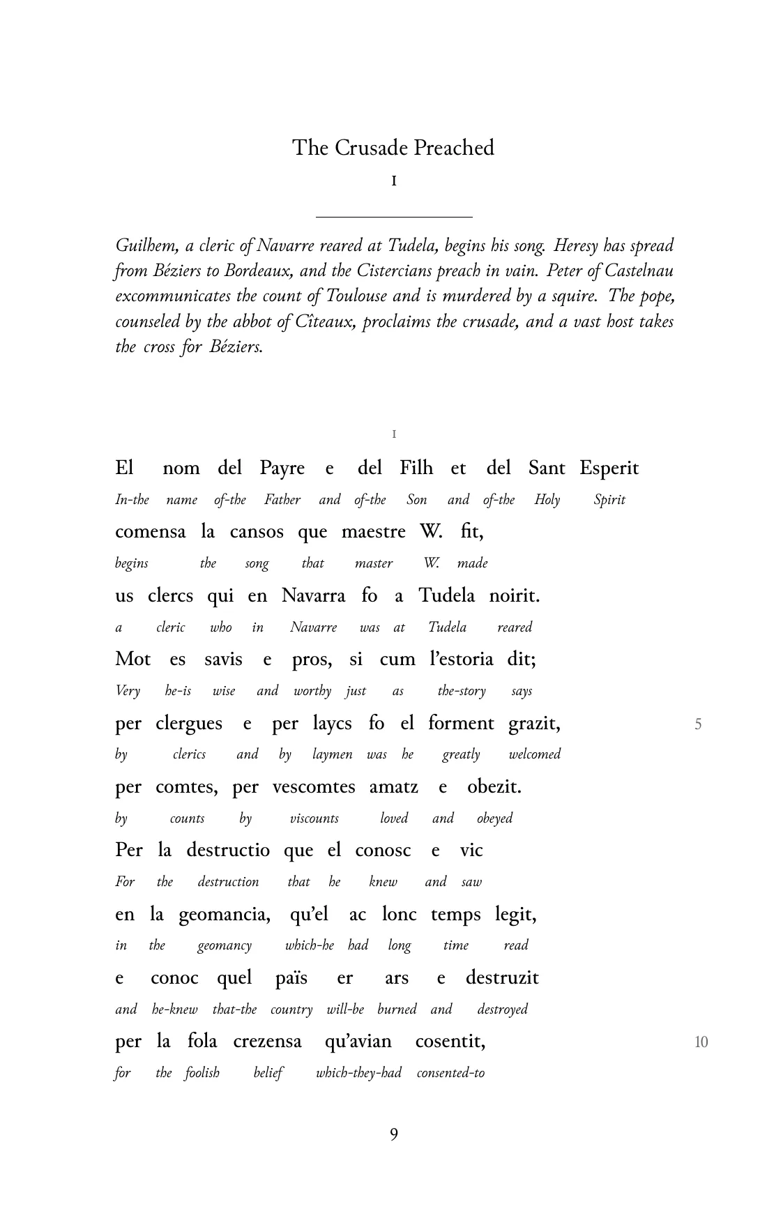 Page 9 of the book: the Old Occitan text with an English word under each word.