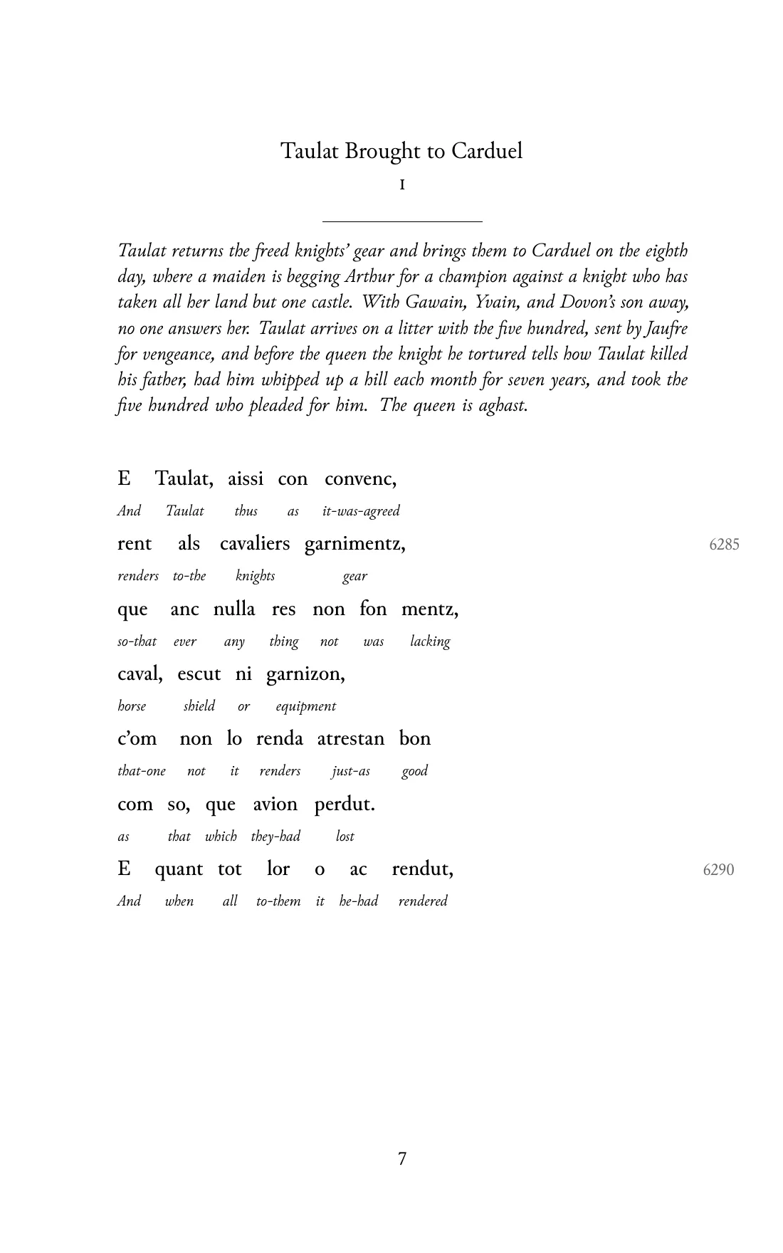 Page 7 of the book: the Old Occitan text with an English word under each word.