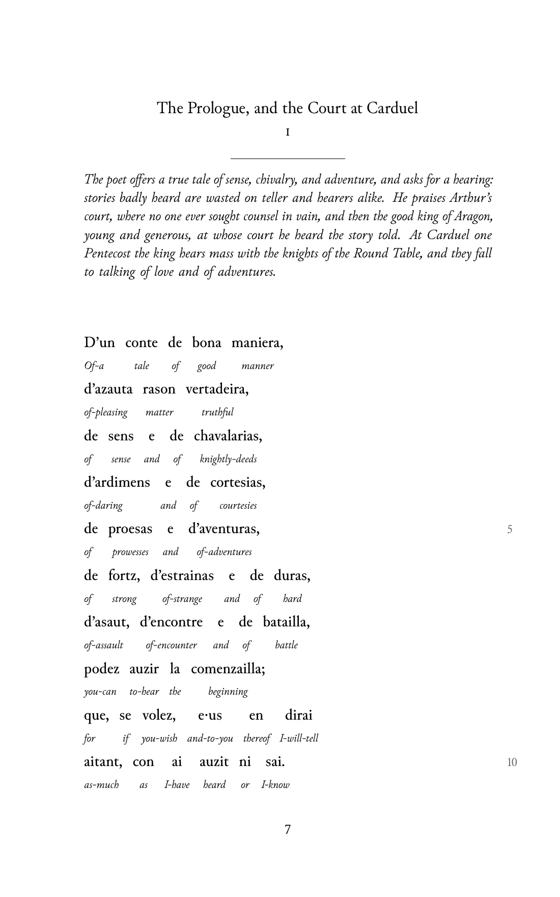 Page 7 of the book: the Old Occitan text with an English word under each word.