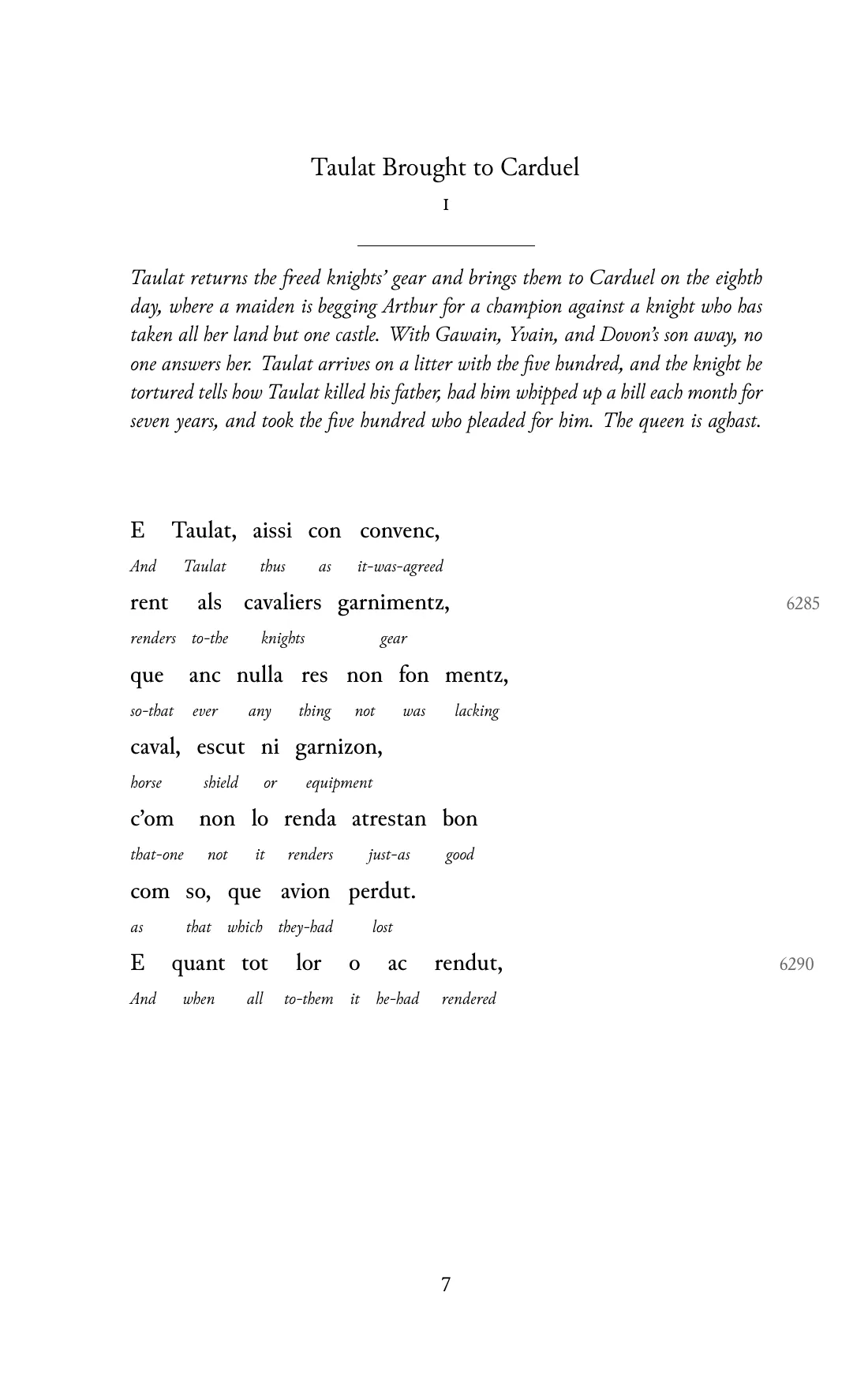 Page 7 of the book: the Old Occitan text with an English word under each word.