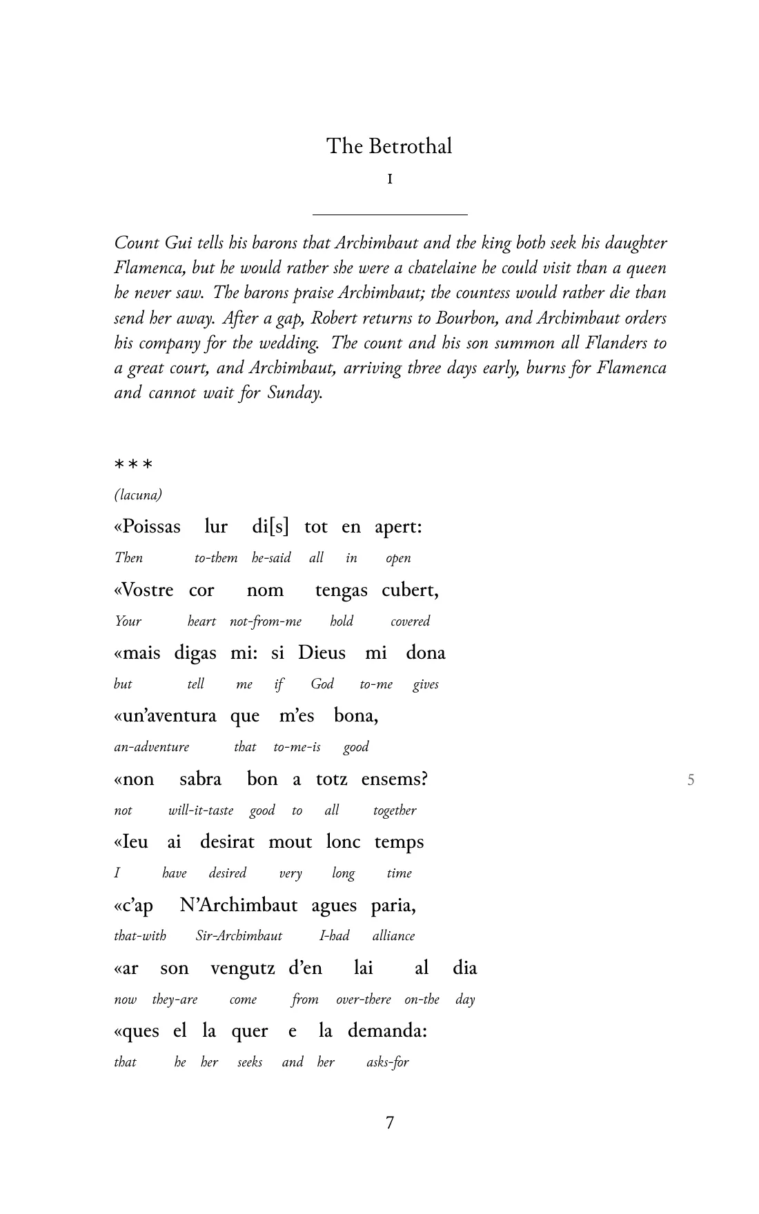 Page 7 of the book: the Old Occitan text with an English word under each word.