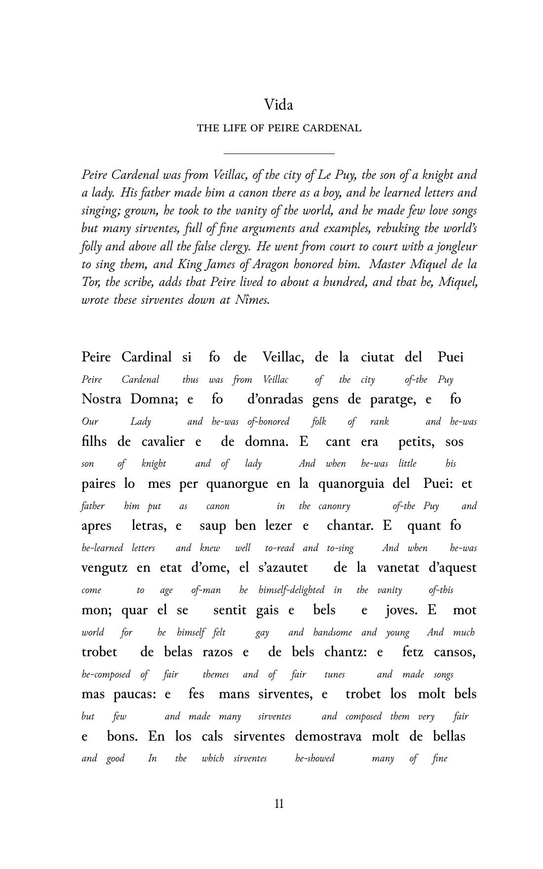 Page 11 of the book: the Old Occitan text with an English word under each word.