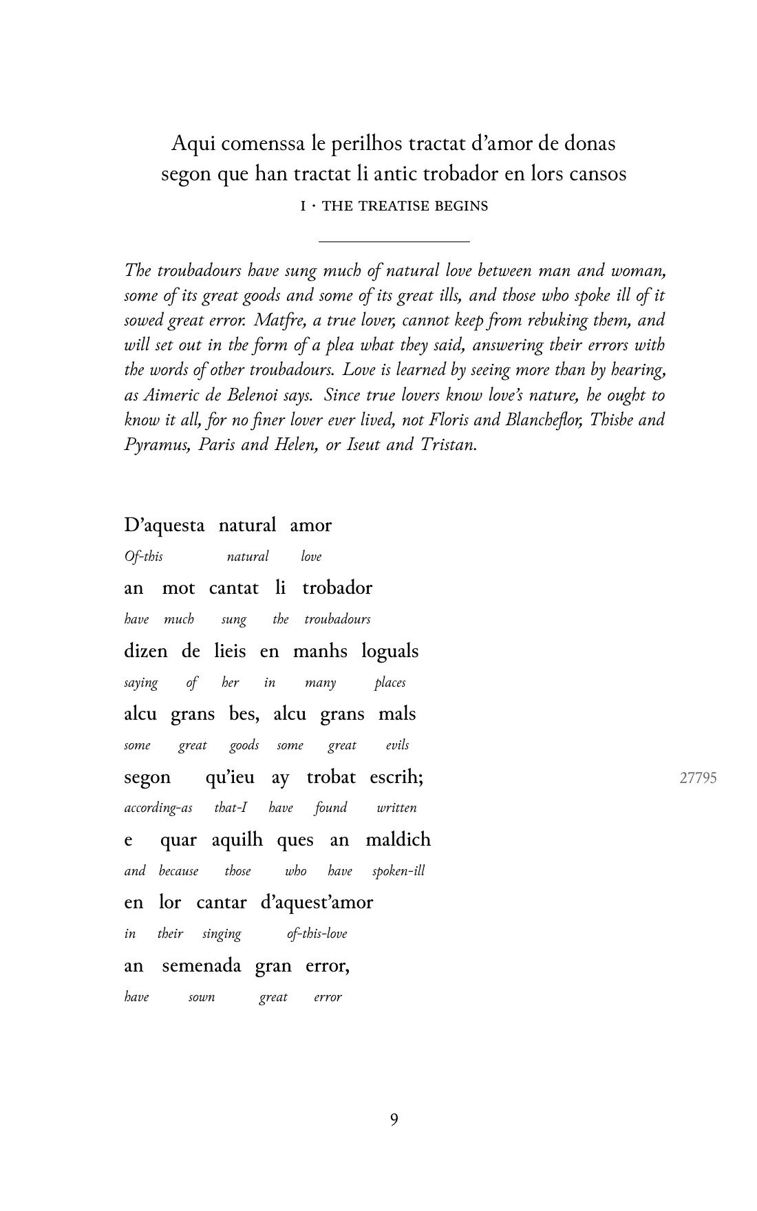 Page 9 of the book: the Old Occitan text with an English word under each word.
