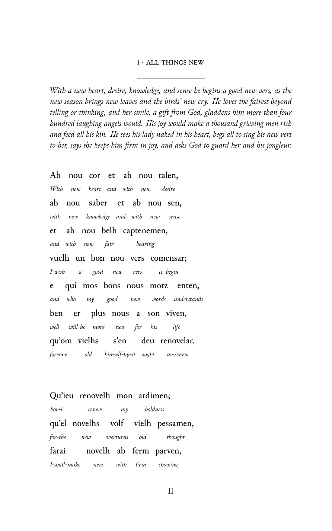 Page 11 of the book: the Old Occitan text with an English word under each word.