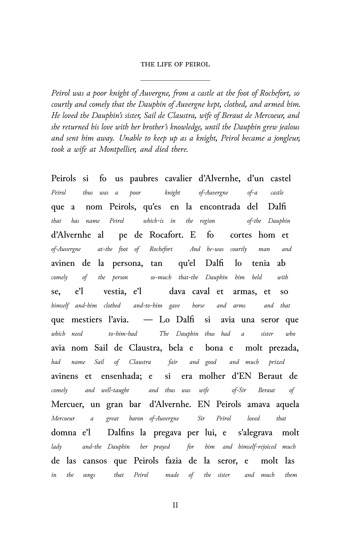 Page 11 of the book: the Old Occitan text with an English word under each word.