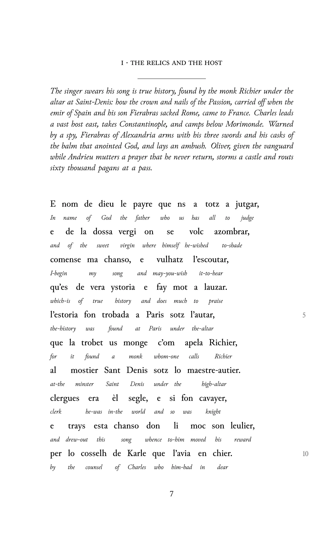 Page 7 of the book: the Old Occitan text with an English word under each word.