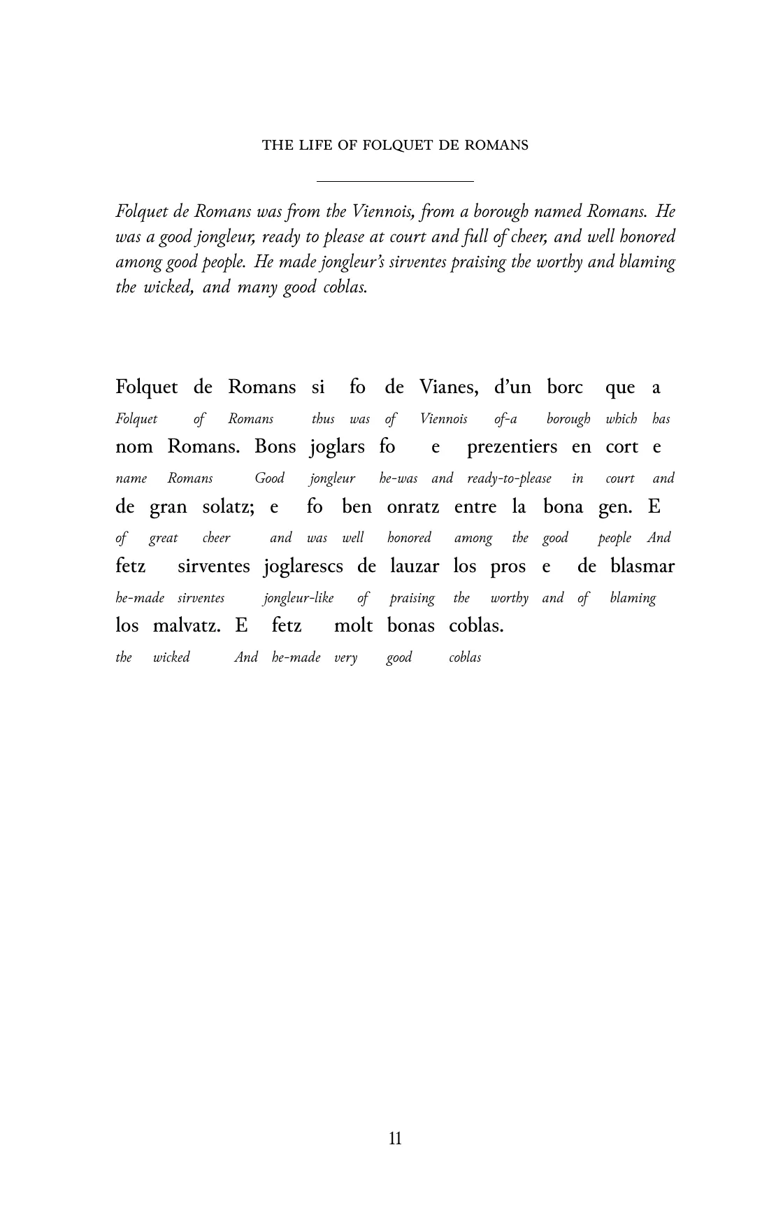 Page 11 of the book: the Old Occitan text with an English word under each word.