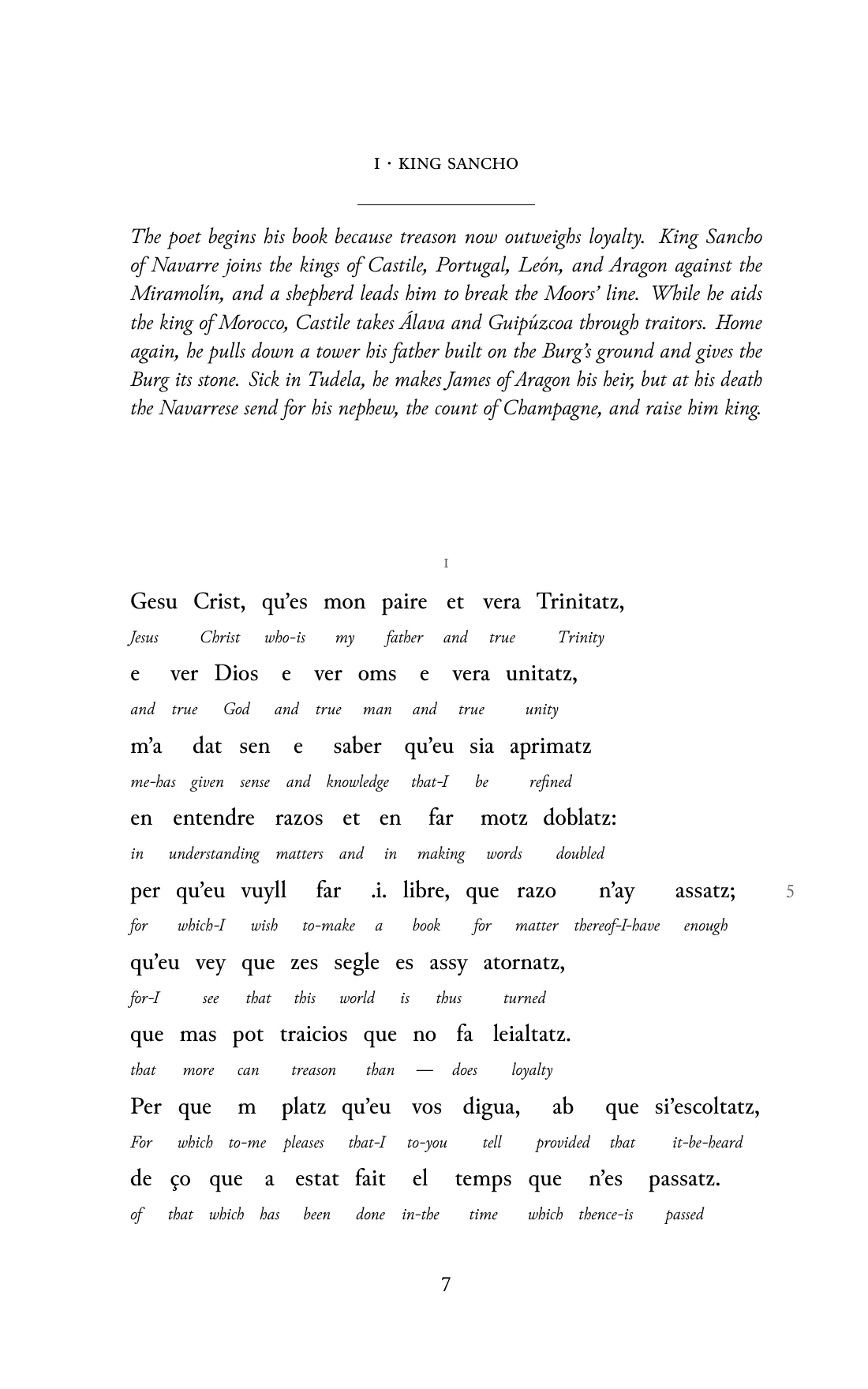 Page 7 of the book: the Old Occitan text with an English word under each word.
